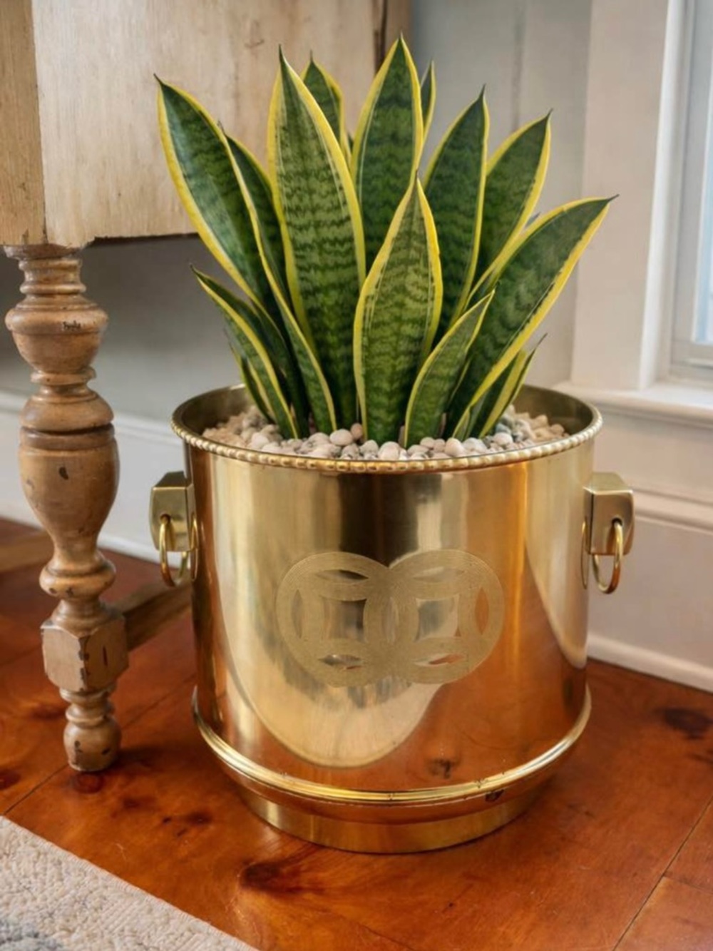Solid Brass Double Happiness Planter with Bamboo Edge-Chinoiserie Cachepot